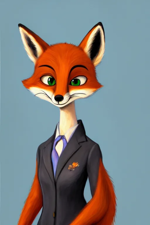 Image similar to oil painting of anthromorphic female fox, in style of zootopia, female fursona, furry, furaffinity, 4 k, deviantart, furry art, fursona art, wearing black business suit, business suit, fox fursona, female, smug expression,