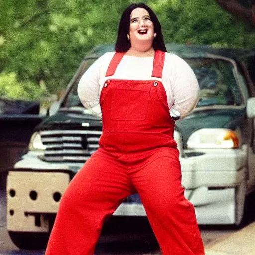 Image similar to demi - moore as a very fat woman, wearing overalls