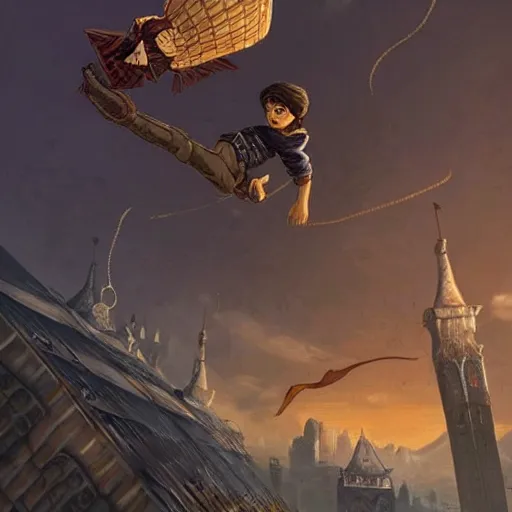 Prompt: A boy thief falling off a tall tower in a metal city wishing he could fly, epic fantasy style