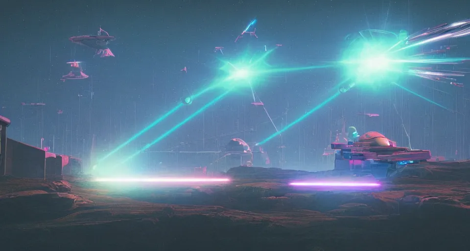 Image similar to Low orbital laser cannon shooting a neon beam down on the landscape, neon laser cannon, cinematic, rendered by simon stålenhag, rendered by Beeple, Makoto Shinkai, syd meade, star wars, inspired by Gundam, environment concept, digital art, unreal engine, 3 point perspective, WLOP, trending on artstation, low level, 4K UHD image, octane render,