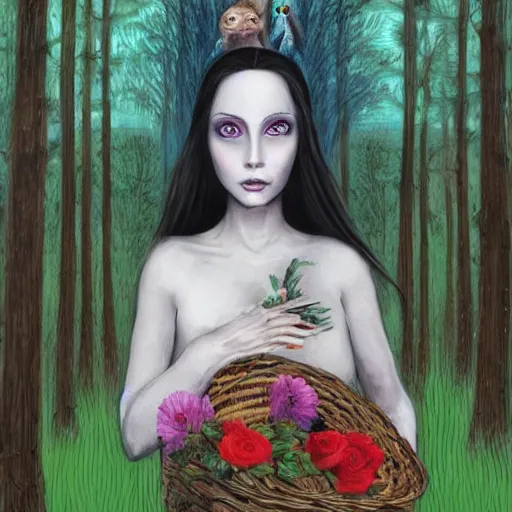 Image similar to In the conceptual art Vasilisa can be seen standing in the forest, surrounded by animals. She is holding a basket of flowers in one hand and a spindle in the other. Her face is turned towards the viewer, with a gentle expression. In the background, the forest is depicted as a dark and mysterious place. light, face paint by Junji Ito