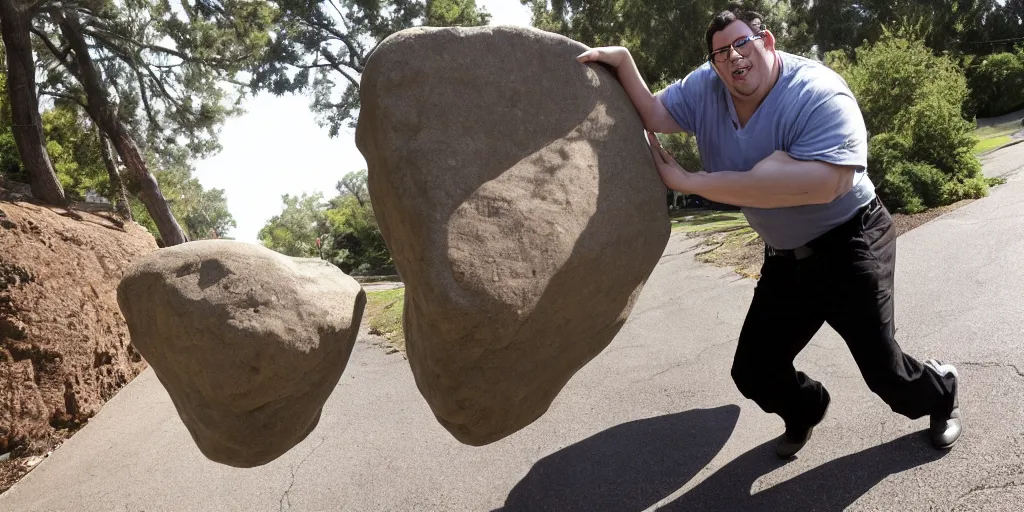 Prompt: Rocco Botte pushing a giant Boulder down a suburban street, natural lighting, 2008