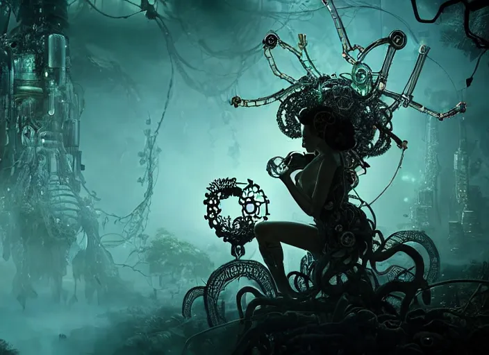 Image similar to silhouette of an intricate mechanical fairy with visible gears having tea with a cyborg gorgon medusa in a magical forest. Very detailed 8k. Fantasy cyberpunk horror. Sharp. Cinematic post-processing