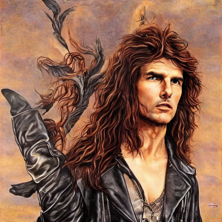 Prompt: Pre-Raphaelite portrait of Tom Cruise as the leader of a cult 1980s heavy metal band, with very long blond hair and grey eyes, leather jacket. chest tattoo of phoenix, high saturation