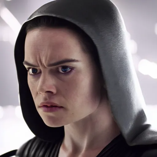 Image similar to movie still of daisy ridley as sith empress wearing a black satin robe and metal belt with make up as if she was crying, sweaty, detailed eyes, neutral expression, shallow depth of field, photorealistic, cinematic lighting, lovely bokeh, dark moody light, strong rim light, movie quality, star wars