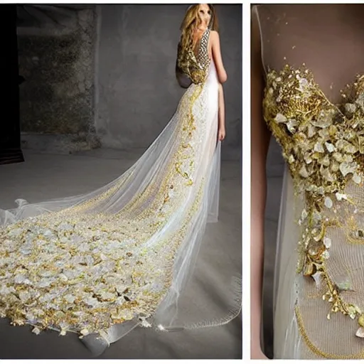 Image similar to a long wedding dress with a train made of flower petals made of light - colored fabric. transparent in places. in places, patterns of precious stones. intricate patterns of gold thin threads. fantasy. clear details