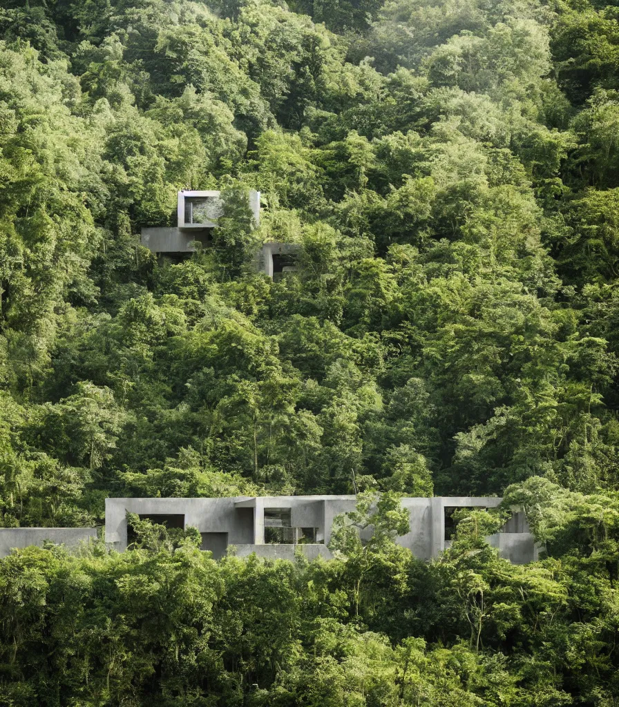 Prompt: a concrete house surrounded by rampant vine growth, in a clearing in the middle of a vine forest, dappled sunlight, 35mm photography, in the style of david chipperfield and gregory crewdson