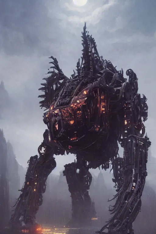 Image similar to a beautiful portrait of a giant mechanical beast by Greg Rutkowski, Sung Choi, Mitchell Mohrhauser, Maciej Kuciara, Johnson Ting, Maxim Verehin, Peter Konig, final fantasy, Marco lense , 8k photorealistic, cinematic lighting, HD, high details, atmospheric , trending on artstation