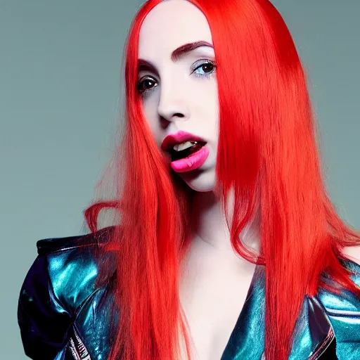 Image similar to ava max bright red hair photographed by charlotte rutherford, highly realistic. high resolution. highly detailed. 8 k. 4 k.