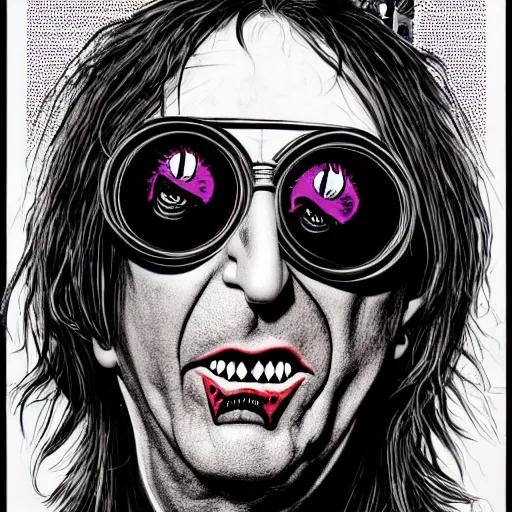 Image similar to graphic illustration, creative design, alice cooper as willy wonka, biopunk, francis bacon, highly detailed, hunter s thompson, concept art