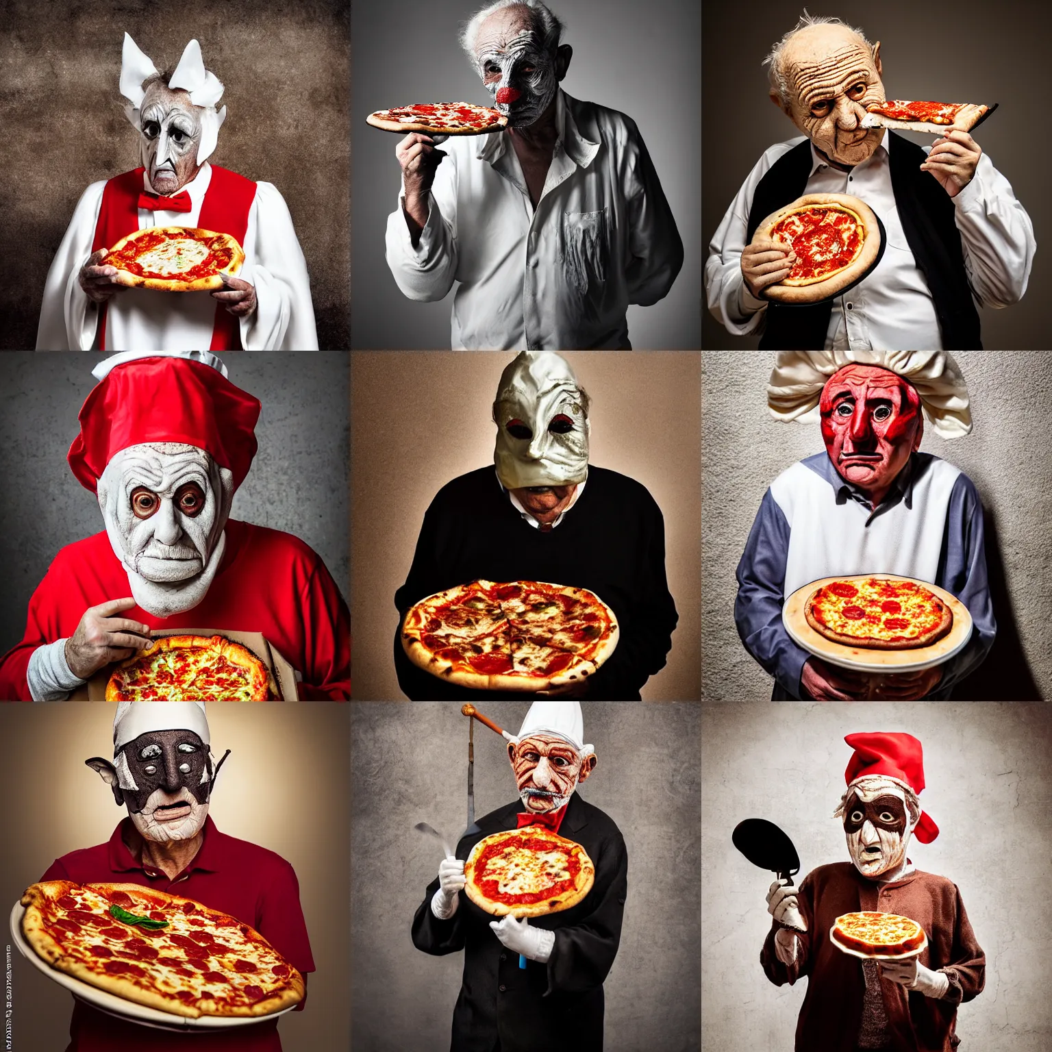 Prompt: portrait photo of wrinkled! old man wearing pulcinella mask, with a pizza! margherita di napoli, menacing appearance, dramatic backlight, full body, sharp focus, highly detailed, studio photo by eric lafforgue, masterpiece, very coherent