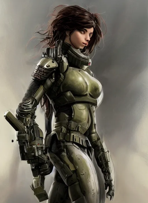 Prompt: a professionally painting of an attractive young girl, partially clothed in sci-fi military armor, olive skin, long dark hair, beautiful bone structure, perfectly proportioned, symmetrical facial features, intricate, elegant, heroic pose, digital painting, concept art, smooth, sharp focus, finely detailed, beautifully framed, from Metal Gear, in the style of Greg Rutkowski and William-Adolphe Bouguerea, trending on Artstation, award winning