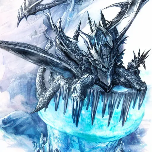 Prompt: highly detailed ice castle floating high above the ground being circled by a small white ice dragon, drawn by Yoji Shinkawa, water color, Dungeons and Dragons, Wizards of the Coast