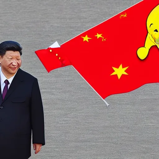 Prompt: xi jinping with the body of winnie the pooh, waving with a chinese flag in the background, in the style of badiucao