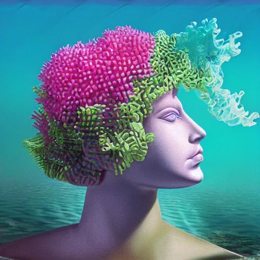 Image similar to surreal ocean, sea, water, pool, checkerboard pattern, award winning masterpiece with incredible details, a surreal vaporwave vaporwave vaporwave vaporwave vaporwave painting by Thomas Cole of an old pink mannequin head with light beaming out of its eyes, flowers growing out of its head, sinking underwater, ocean waves, highly detailed, shocking