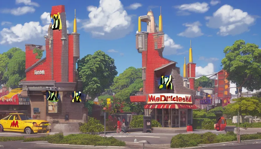 Image similar to A highly detailed matte painting of the mcdonalds!!!!!!!!!!!!!!!!!!!!!!!!!!!!!!! castle by Studio Ghibli, Makoto Shinkai, by Artgerm, by beeple, by Greg Rutkowski, volumetric lighting, octane render, 4K resolution, trending on artstation, masterpiece