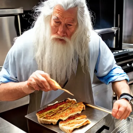 Prompt: gandalf making himself a panini