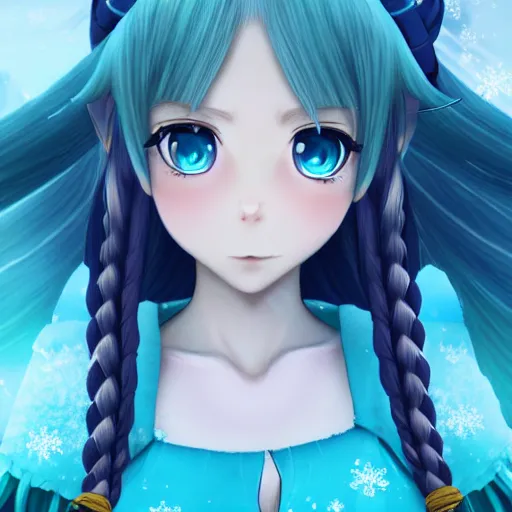 Prompt: elf girl render as a very beautiful 2d anime girl, full body, long braided silver hair, azur blue eyes, full round face, belly free teal dress, short smile, in snow, cinematic lightning, medium shot, mid-shot, highly detailed, trending on Artstation, Unreal Engine 4k, cinematic wallpaper