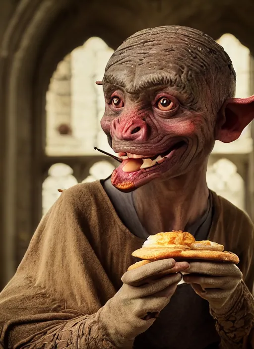 Image similar to closeup profile face portrait of a medieval goblin eating cakes in the cloisters, depth of field, zeiss lens, detailed, symmetrical, centered, fashion photoshoot, by annie leibovitz and steve mccurry, david lazar, jimmy nelsson, breathtaking, 8 k resolution, extremely detailed, beautiful, establishing shot, artistic, hyperrealistic, beautiful face, octane render