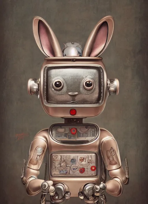 Image similar to closeup portrait of tin toy robot bunny trap, depth of field, zeiss lens, detailed, symmetrical, centered, fashion photoshoot, by nicoletta ceccoli, mark ryden, lostfish, breathtaking, 8 k resolution, extremely detailed, beautiful, establishing shot, artistic, hyperrealistic, octane render