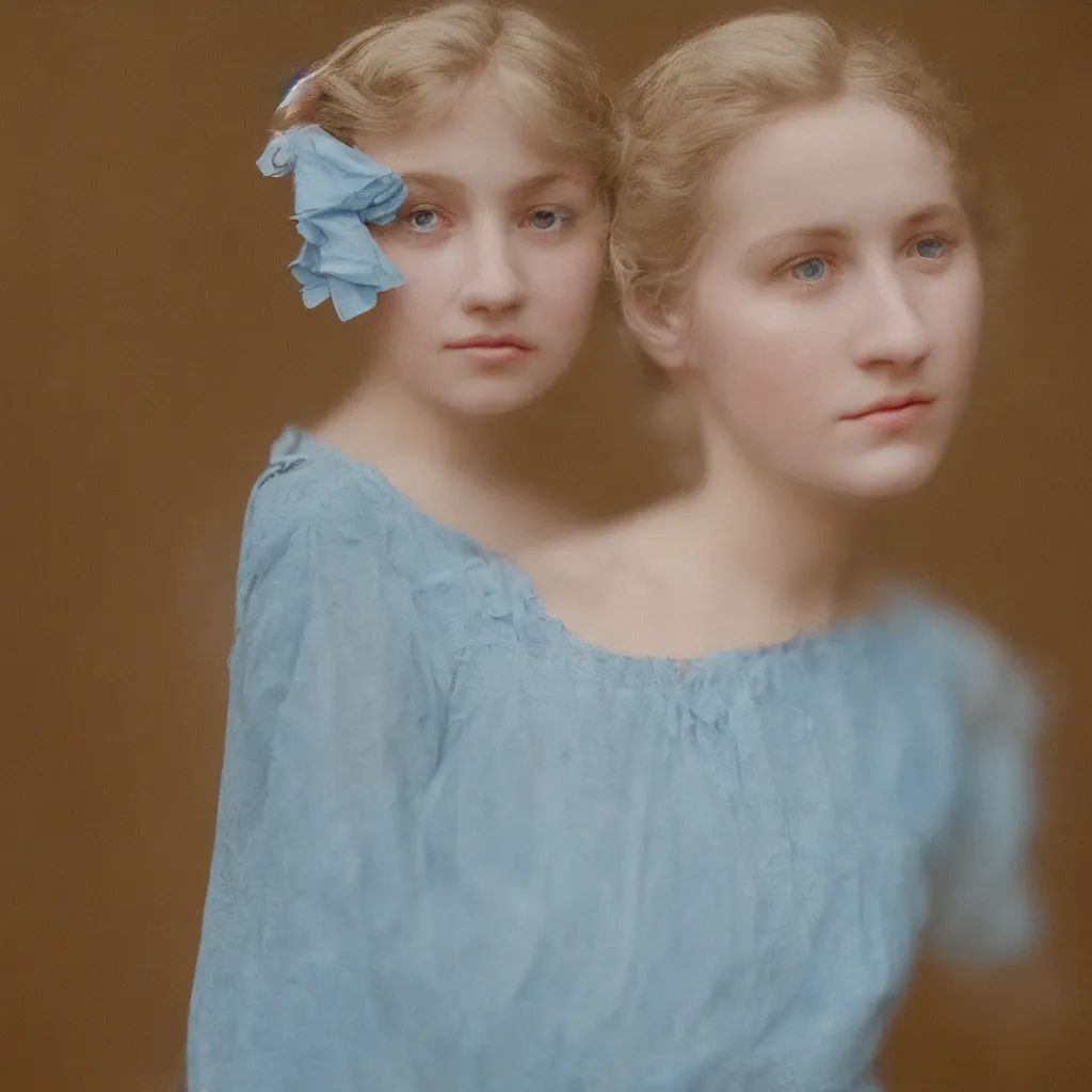 Image similar to portrait of a young lady in a light blue dress 1 9 0 0 s one entire face shown in great detail, looking at the camera, full body in camera, blonde hair, garden, photorealistic, extreme detail, sharp focus, 8 k, intricate, hyper detailed, realistic, cinematic lighting