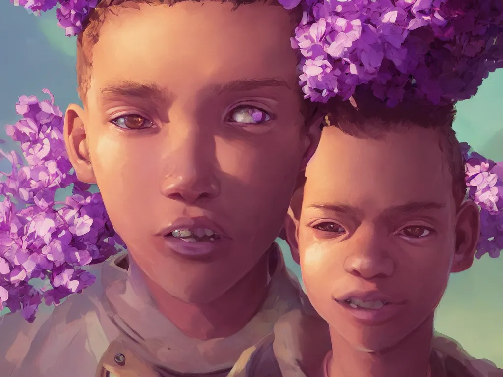 Image similar to kid with symmetrical beauty face, purple flowers of marijuana hemp cannabis, behance hd, by jesper ejsing, by rhads, makoto shinkai, lois van baarle, ilya kuvshinov, rossdraws global illumination, golden ratio