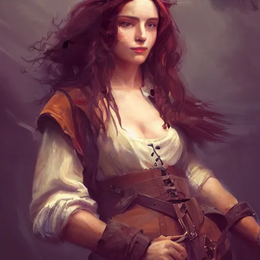 Image similar to portrait painting of a 2 8 years old rugged woman joyful flirtatious pirate long hair soft hair flowing hair upper body coat elegant rugged pretty unreal render cinematic lighting art 1 9 2 0 period drama by bussiere rutkowski andreas rocha