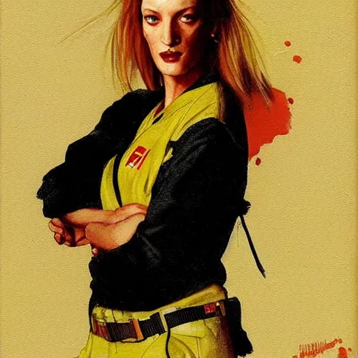 Prompt: a portrait painting of Uma Thurman in kill bill. Painted by Norman Rockwell