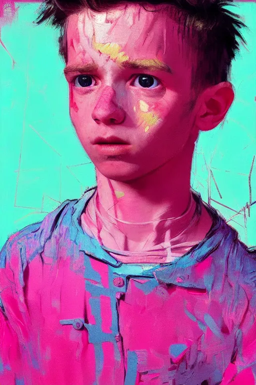 Image similar to portrait of a young boy nor living not death in a postapoliptic forgotten world, in the colors hot pink and cyan, beautiful face, rule of thirds, complex outfit, spotlight, by greg rutkowski, by jeremy mann, by francoise nielly, by van gogh, digital painting