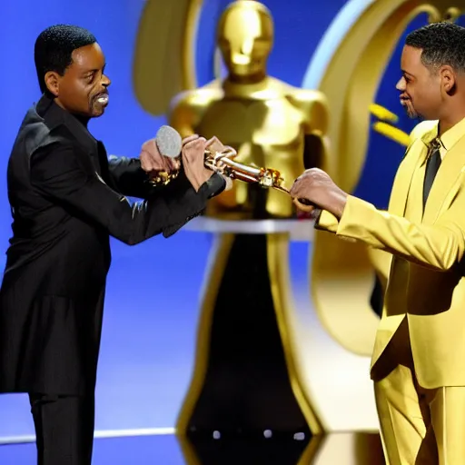 Image similar to chris rock slapping will smith on stage during the oscar awards, 8k, realistic