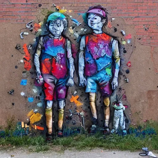 Prompt: a street art of thread connecting brother and sister by bordalo