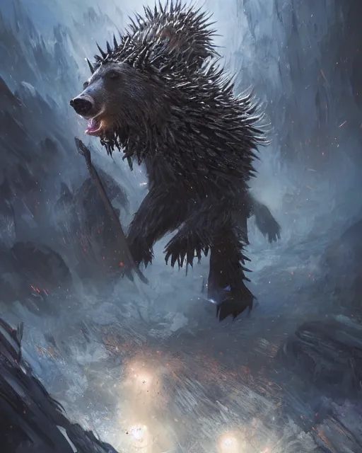 Prompt: Bear Spiky Armor, magic the gathering artwork, D&D, fantasy, cinematic lighting, centered, symmetrical, highly detailed, digital painting, artstation, concept art, smooth, sharp focus, illustration, volumetric lighting, epic Composition, 8k, art by Akihiko Yoshida and Greg Rutkowski and Craig Mullins, oil painting, cgsociety