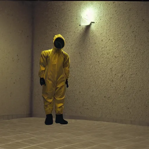 Image similar to news reporter in a hazmat suit 1 9 9 0 s news found footage of an abandoned soviet downtown with a humanoid scp hidden in background, liminal space, backrooms, scp, film grain, rundown, eerie, dark lighting, 3 5 mm, realistic, photograph, hazmat suits, foggy, silent hill style, detailed, hyperrealistic