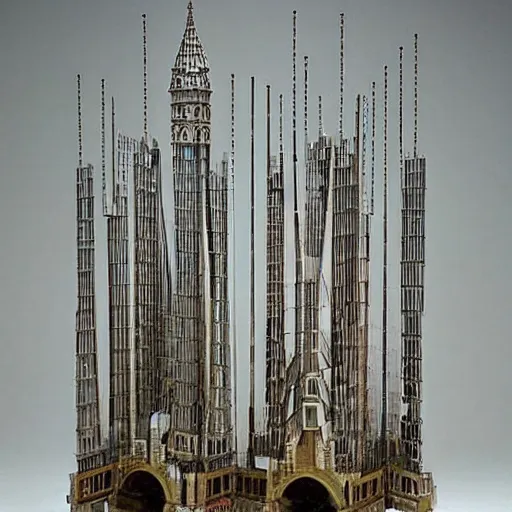 Prompt: A beautiful kinetic sculpture of a cityscape with tall spires and delicate bridges. by Bill Viola, by Nele Zirnite threatening