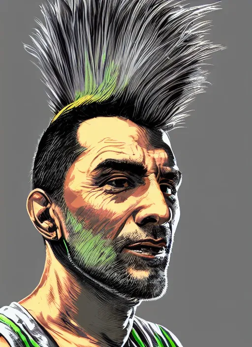 Image similar to portrait of a man with gray and green mohawk wearing a gray headset and brown tank top, gray and green mohawk, gray headset, brown tank top. art by martin ansin, martin ansin artwork. portrait.