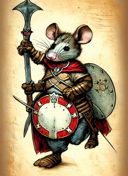 Prompt: a heroic mouse knight with sword and shield on a parchment background, redwall, jean baptiste monge, detailed, epic fantasy concept art