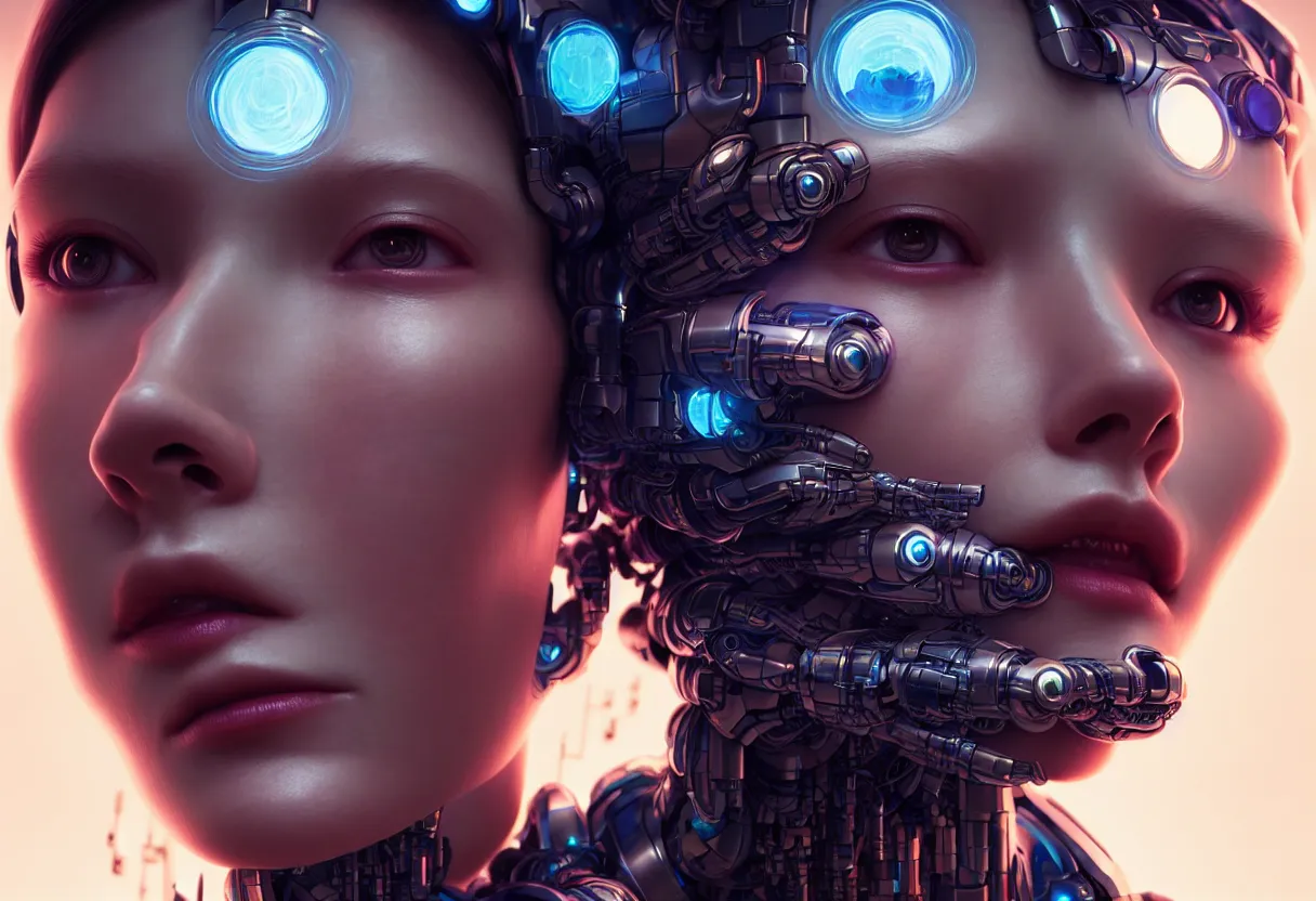 Image similar to portrait of a female cyborg. intricate abstract. intricate artwork, by tooth wu, wlop, beeple, dan mumford. concept art, octane render, trending on artstation, greg rutkowski very coherent symmetrical artwork. cinematic, key art, hyper realism, high detail, octane render, 8 k, iridescent accents