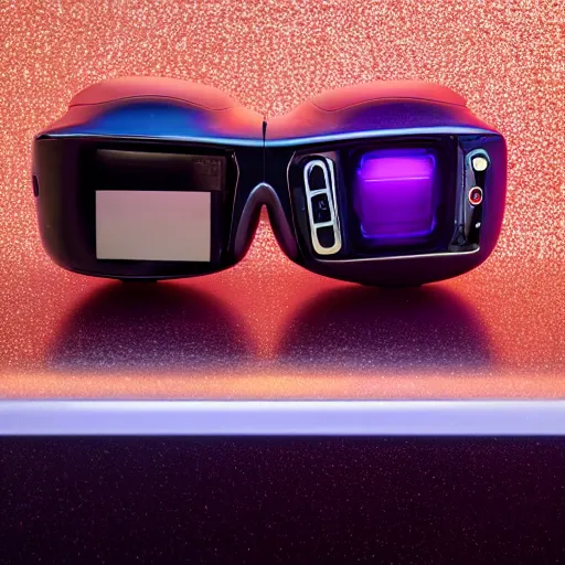 Image similar to award winning product photography, 3 5 mm lens, of a glossy orange metallic and shiny purple metallic shiny ergonomic hololens as off bugatti cheyvron, holographic display lenses, studio lighting,