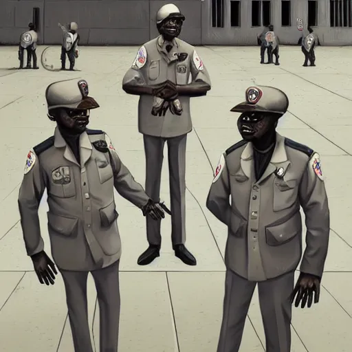 Image similar to ( ( beige ) ) uniform and caps zombie security officers ( background brutalist concrete office ) trending on artstation very high detail digital painting 4 k 8 k hd accurate