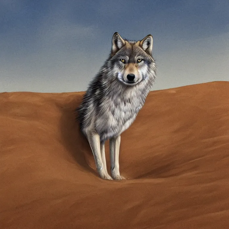 Image similar to Majestic wolf in a sand dune on the heath. Rough brushstrokes. Beautiful detailed scene. Interesting natural colour scheme. Beautiful digital painting by Lurid (2022)