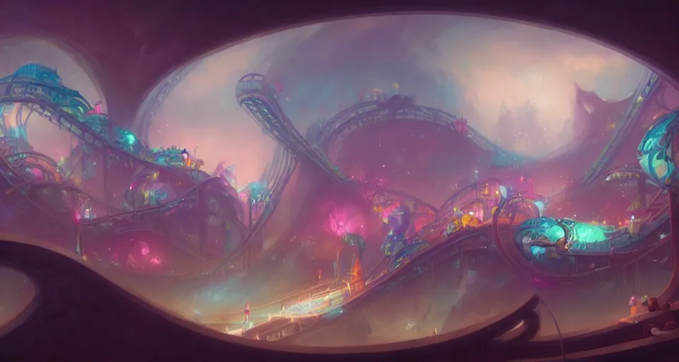 Image similar to a roller coaster with Pastel coloring by peter mohrbacher, vivid colors, matte painting, 8K, concept art, mystical color scheme, trending on artstation