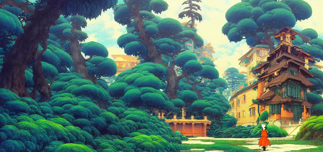 Image similar to ghibli painting illustrated street fighter 2 backgrounds by eugene von guerard, ivan shishkin, john singer sargent