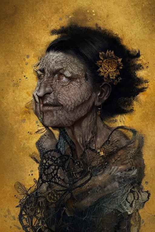 Prompt: portrait of hairy old woman with diluted aquarelle painted skin. close up. very dark black hair, large gold eyes. intricate dark flowers pattern on background, high detail, by Peter mohrbacher and Eddie Mendoza