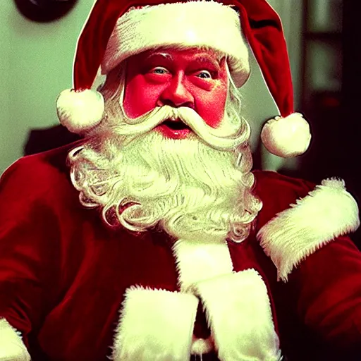 Image similar to glamour shot of a creepy Santa from David Lynch's Christmas movie, soft lighting, film grain, VHS copy