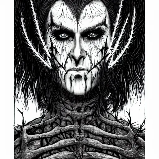 Image similar to detailed print of man wearing corpse paint and a crown on thorns with long black hair. Artwork by Junji Ito and dan Mumford