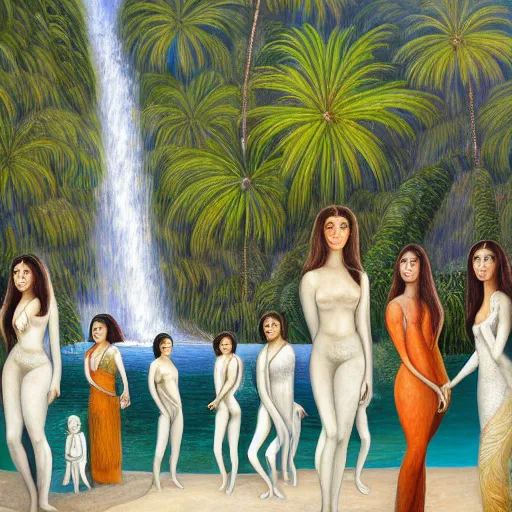 Prompt: a ultradetailed beautiful painting of the kardashians standing in front of the diamonds waterfall in the amazonas palace balustrade designed by jules bastien - lepage, tarsila do amaral, frank weston and gustave baumann, beach, trending on artstation, mediterranean, palm trees, sharp focus, soft light, 8 k 4 k