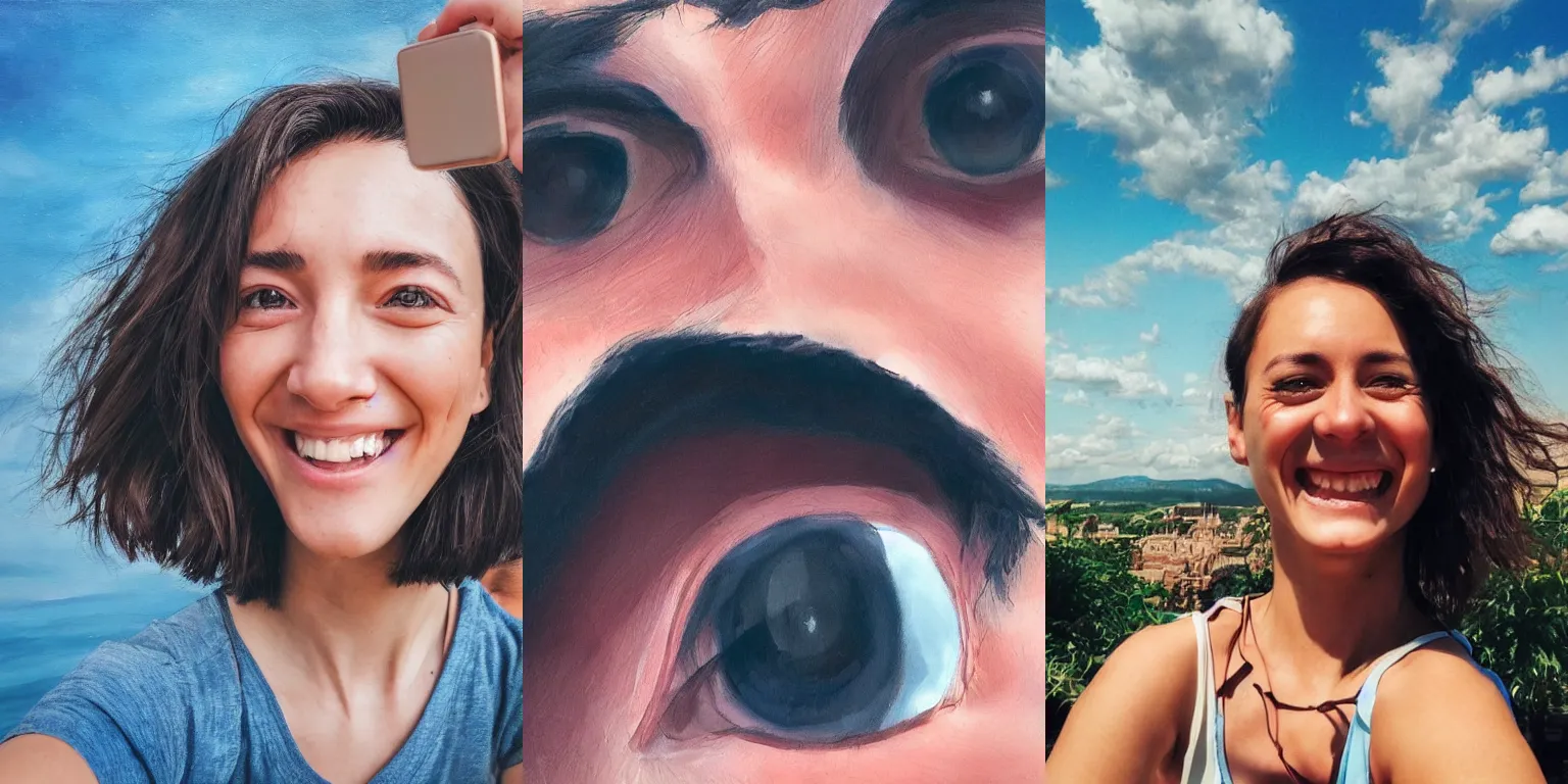 Prompt: a smiling women taking a zoomed out selfie, hyper realistic photography, highly detailed, sharp focus, good vibes, realistic, highly detailed attribute, award winning, art by portrait realistic illustrators, short hair