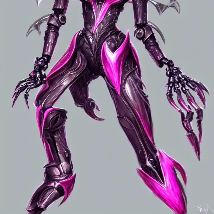 Image similar to highly detailed exquisite fanart, of a beautiful female warframe, but as an anthropomorphic robot dragon, shiny white silver armor engraved, Fuchsia skin beneath the armor, sharp claws, long tail, robot dragon hands and feet, elegant pose, close-up shot, full body shot, epic cinematic shot, professional digital art, high end digital art, singular, realistic, DeviantArt, artstation, Furaffinity, 8k HD render