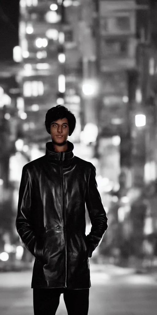 Prompt: Professional full body portrait of a tall young man in a street at night. He is wearing a leather coat and he looks very tired and nervous. 4K, dramatic lighting