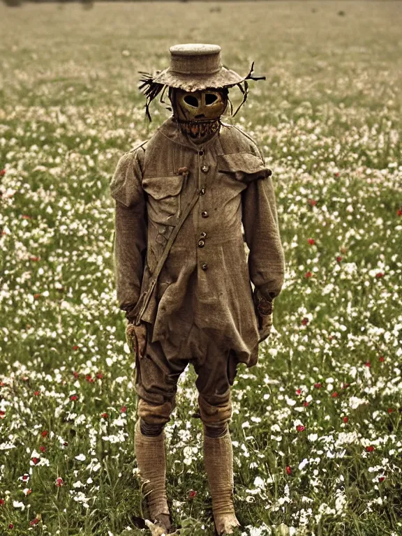 Image similar to human-like scarecrow wearing torn military clothes in beautiful meadow of flowers, ww1 photo, grainy, high detail, high resolution,